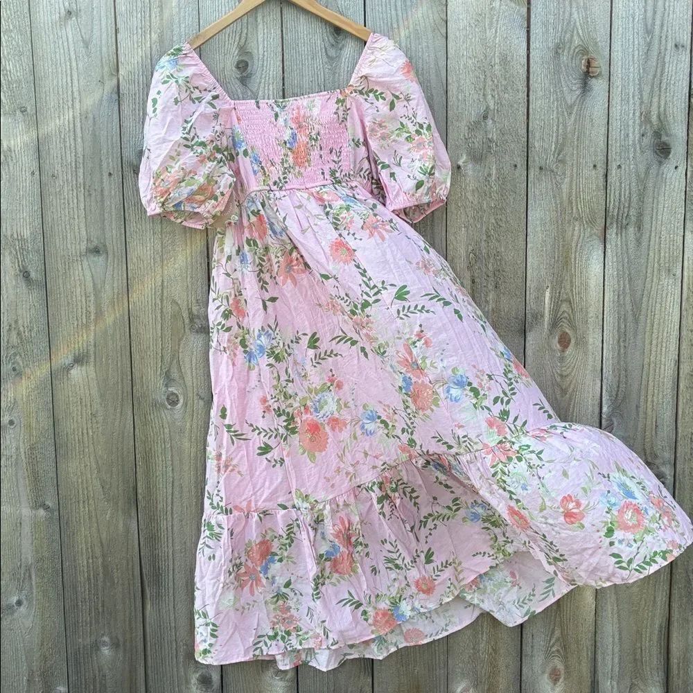 By The River Floral Pink Puff Midi Sleeve Dress - Picture 3 of 15